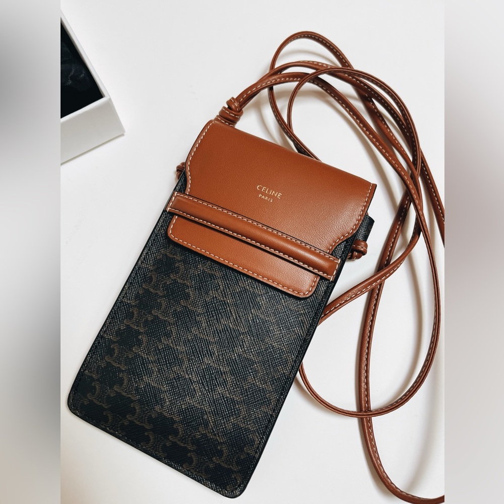 Celine Phone Pouch with Flap in Triomphe Canvas and Lambskin - mint condition